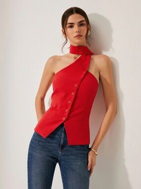 NWT Commense Red Halter Linen Top Size S